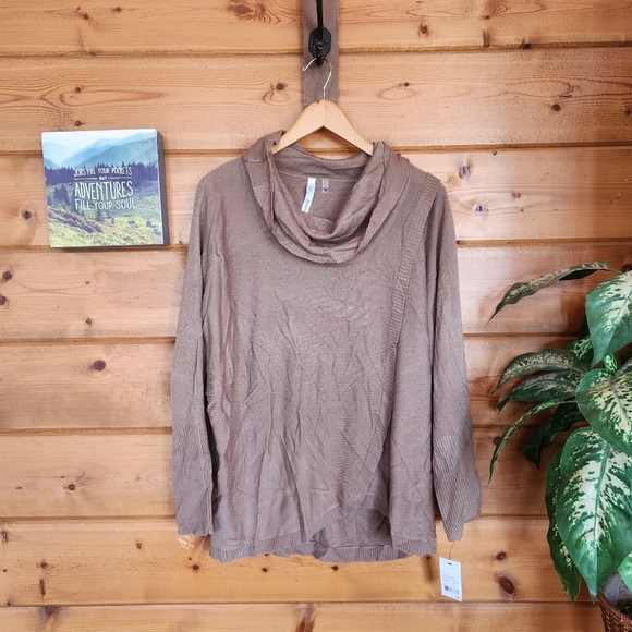 NY Collection Tops - NY Collection 💜 NWT Draped Cowl Neck Sweater Pullover Top Mocha Brown Ribbed L